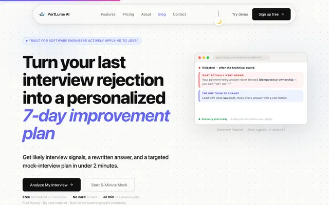 Screenshot of PortLume AI — Find Out Why You Got Rejected & Get Hired Next Time