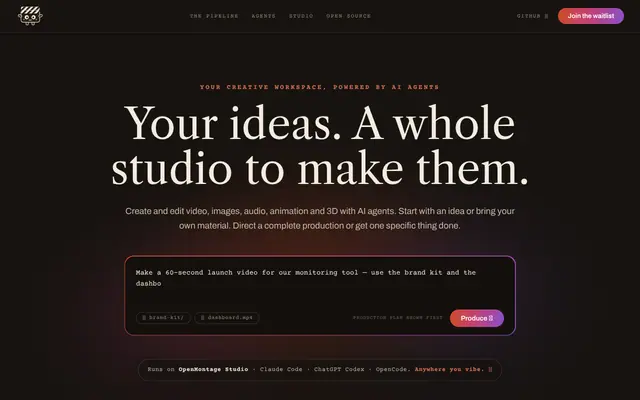 Screenshot of OpenMontage Studio — your creative workspace, powered by AI agents
