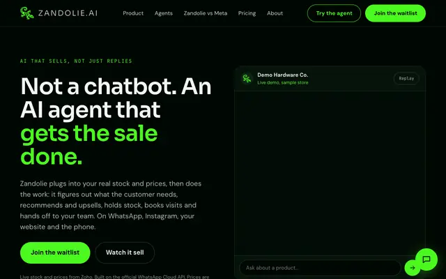 Screenshot of Zandolie.ai: AI agents that sell, not just reply