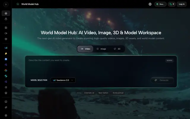 Screenshot of World Model Hub: AI Video, Image & 3D Generator