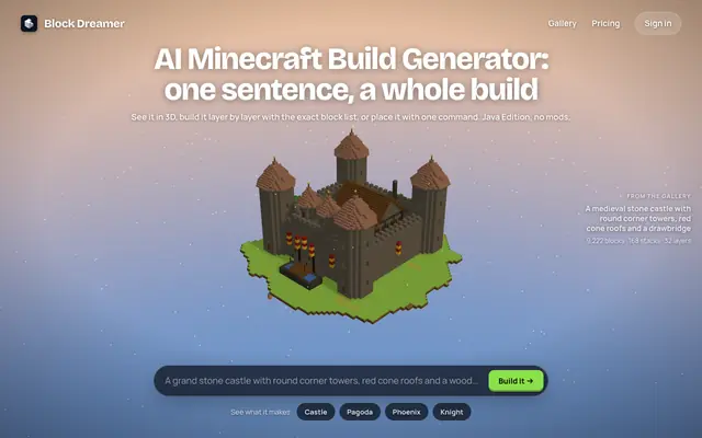 Screenshot of AI Minecraft Build Generator – Free, No Mods | Block Dreamer