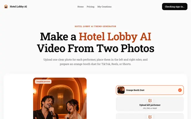 Screenshot of Hotel Lobby AI Video Generator — Make the Orange Booth Trend