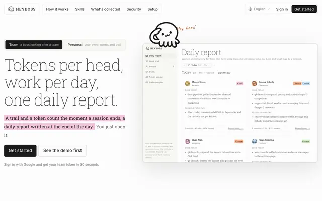 Screenshot of HeyBoss | Your team's daily reports and token usage, at a glance