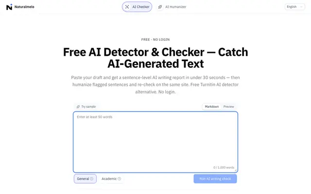 Screenshot of Free AI Checker — Detect AI-Generated Text | Naturalmelo