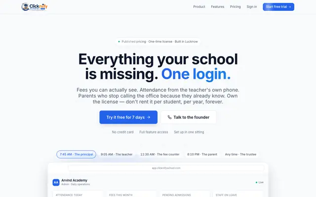 Screenshot of Clicknify Schools — everything your school is missing, one login