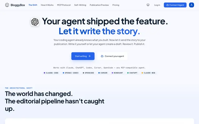 Screenshot of BloggyBox - Your agent shipped the feature. Let it write the story.