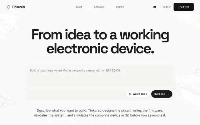 Screenshot of Build, Simulate & Deploy Hardware with AI | Tinkered