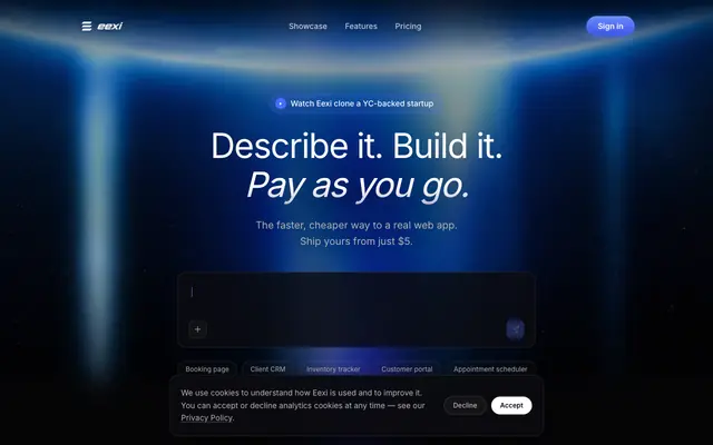 Screenshot of Eexi — Describe it. Get a real app that works.