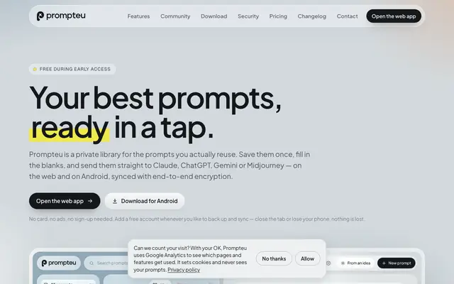 Screenshot of Prompteu — the prompt library for people who use AI every day