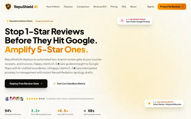 Screenshot of RepuShield AI — AI Google Review Booster & Reputation Protection Platform