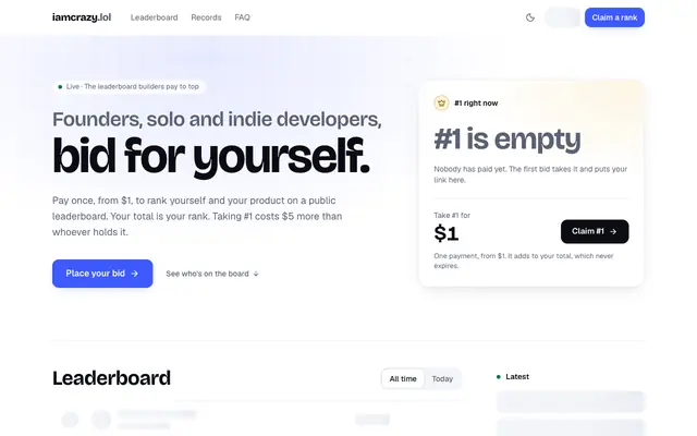 Screenshot of iamcrazy.lol — Pay to rank your product