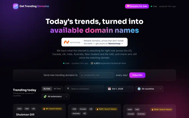 Screenshot of Get Trending Domains — Today's Trending Domain Names