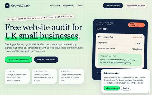 Screenshot of Free Website Audit for UK Small Businesses | GrowthCheck