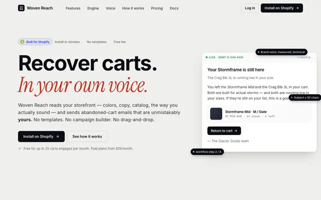 Screenshot of Woven Reach — Recover carts in your own voice.