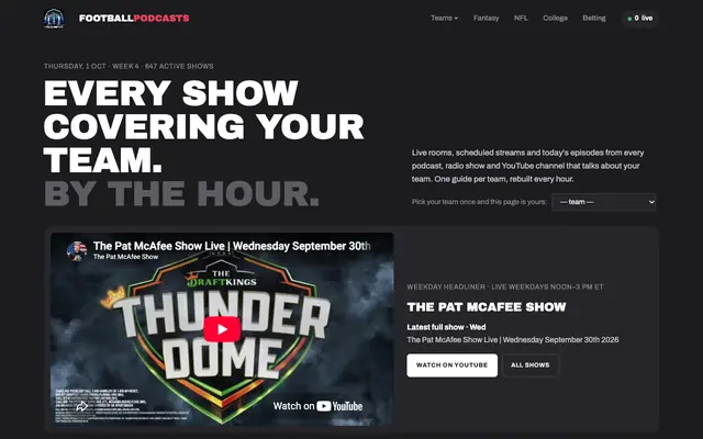 Screenshot of NFL Podcasts & Live Watch Parties for Every Team | Football Podcasts