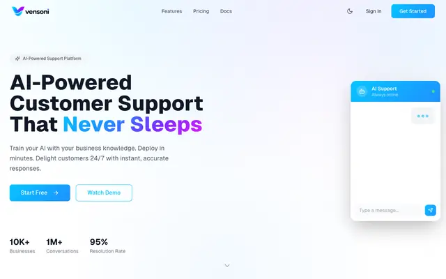 Screenshot of Vensoni — AI-Powered Customer Support Platform