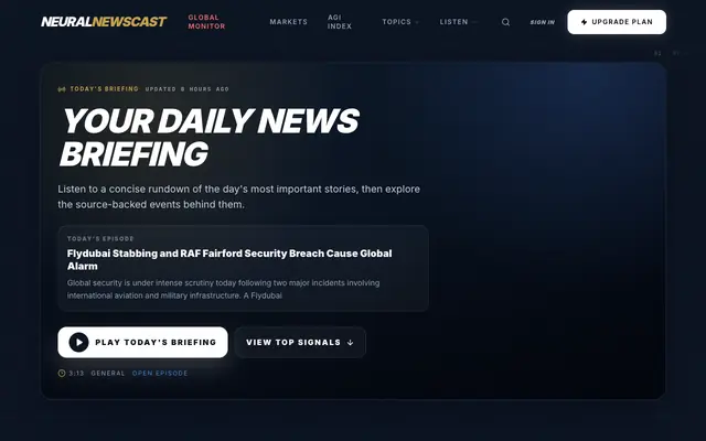 Screenshot of Neural Newscast | Daily News Podcast with Source-Backed Explainers