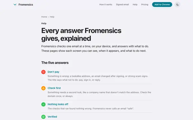 Screenshot of Fromensics help: every answer and screen, explained