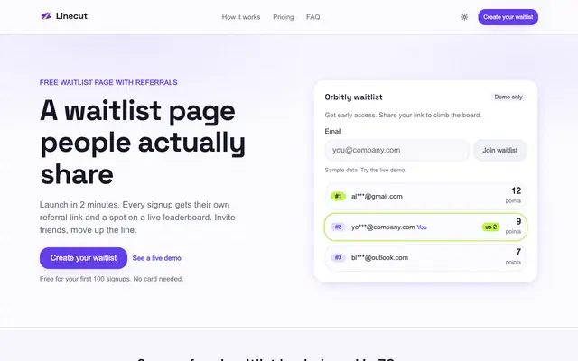 Screenshot of Free Waitlist Page with Referral Leaderboard | Linecut