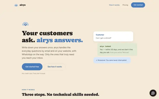 Screenshot of airys: Your customers ask. airys answers.