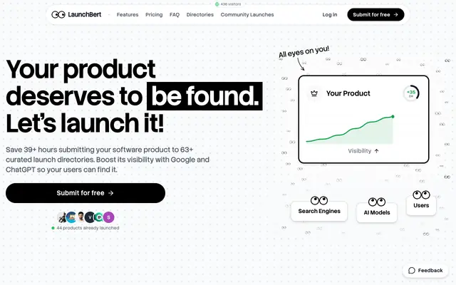 Screenshot of LaunchBert — Launch your product to 63+ curated directories