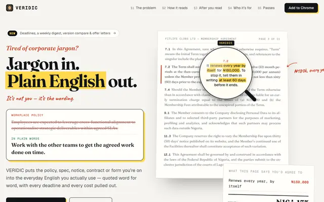 Screenshot of VERIDIC — Jargon in, plain English out