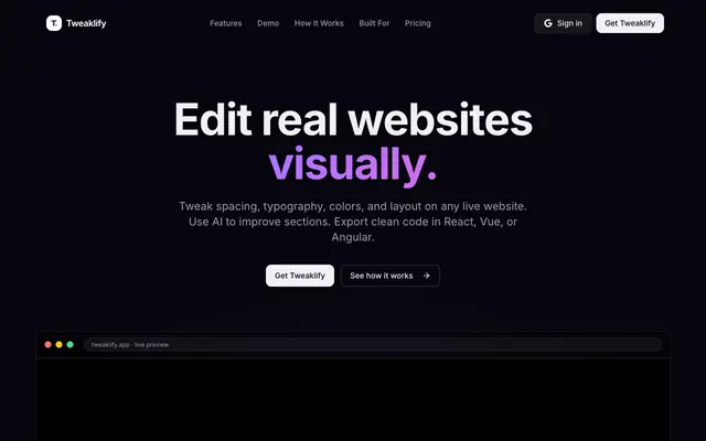 Screenshot of Tweaklify — DevTools on steroids for designers