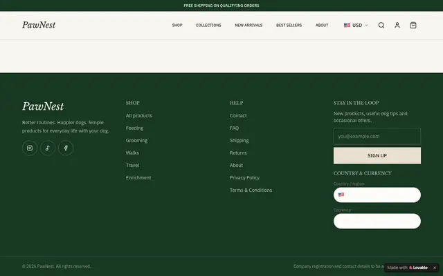Screenshot of PawNest — modern everyday essentials for dogs