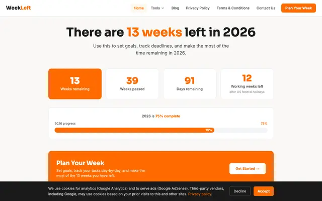 Screenshot of How Many Weeks Left in 2026? Live Counter | WeekLeft