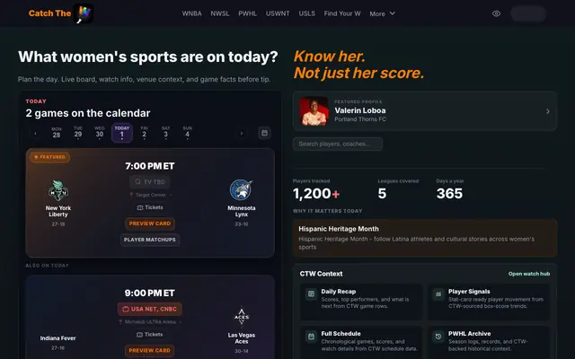 Screenshot of Catch the W — Plan Your Women's Sports Day