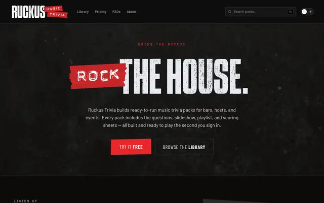 Screenshot of Ruckus Trivia — Music trivia packs for bars, hosts, and events