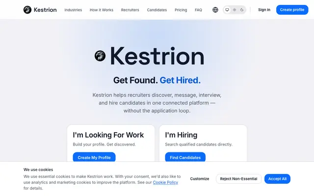 Screenshot of Kestrion — Get Found. Get Hired.