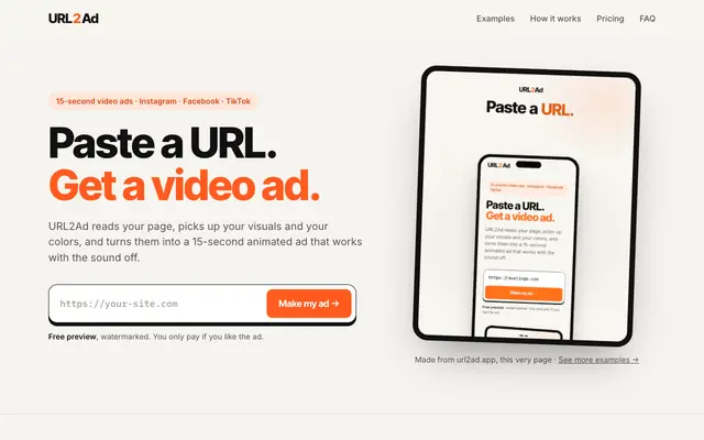 Screenshot of URL2Ad — paste a URL, get a video ad