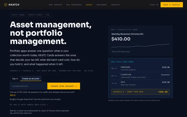 Screenshot of KKATC® Cards: Asset Management for Trading Cards | Cost Basis, Schedule C & D