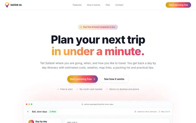 Screenshot of SafarAI | Plan your next trip in under a minute