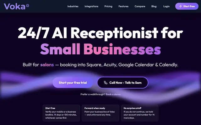 Screenshot of Voka AI | AI Voice Receptionist for Small Business