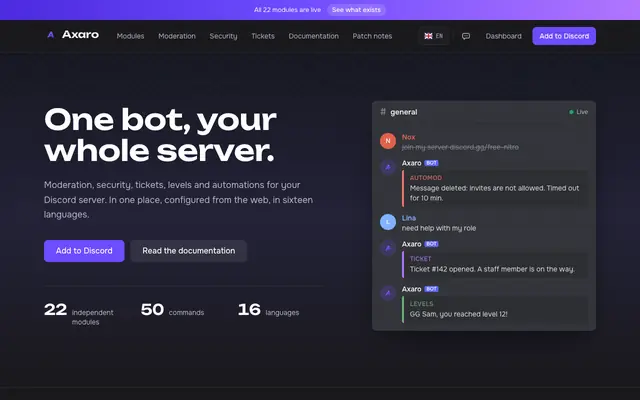 Screenshot of Axaro — Discord bot for moderation, security and tickets