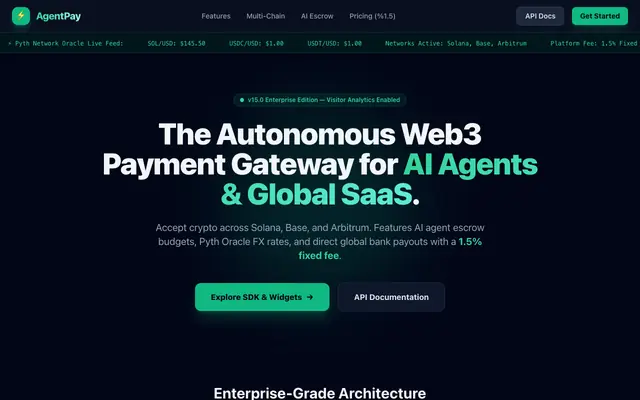 Screenshot of AgentPay — Global Enterprise Multi-Chain Web3 Payment Gateway