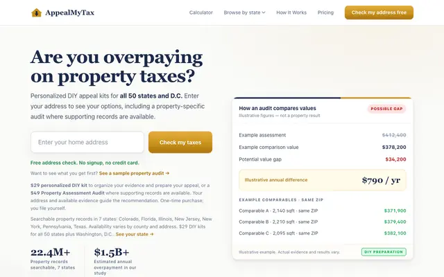 Screenshot of AppealMyTax: DIY Property Tax Appeal Kits Nationwide