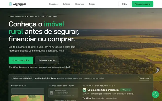 Screenshot of Abundance Brasil | Conheça o imóvel rural antes de segurar, financiar ou comprar