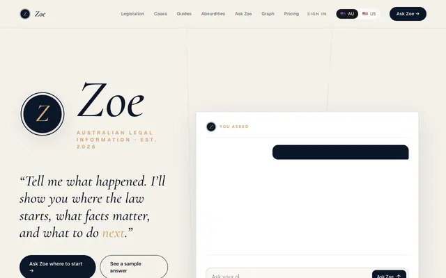 Screenshot of Zoe: where to start with an Australian legal problem