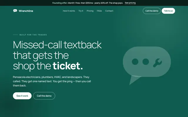 Screenshot of WrenchLine — Missed-call text-back for local trades