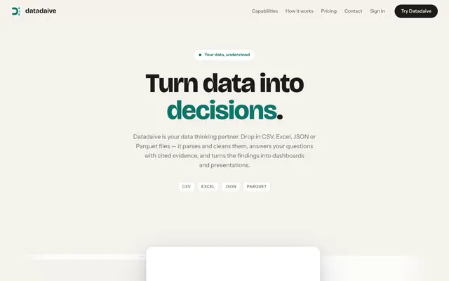 Screenshot of Datadaive — Clean, analyze and dashboard your spreadsheets