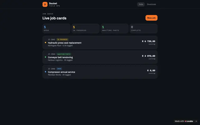 Screenshot of Job Queue — Docket Field Ops