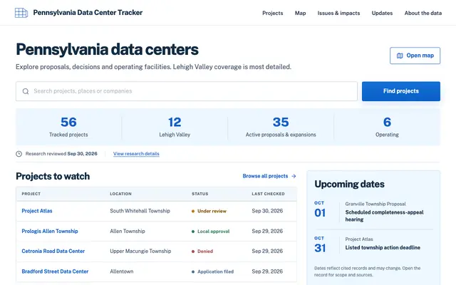 Screenshot of Pennsylvania Data Center Tracker