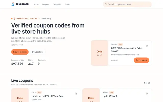 Screenshot of Coupon codes that still work, up to 80% off, Sep 2026 | CouponLab