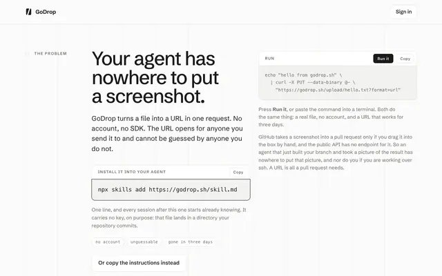 Screenshot of GoDrop: your agent has nowhere to put a screenshot
