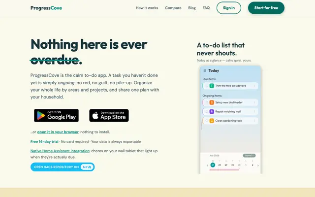 Screenshot of ProgressCove | The Calm To-Do App Where Nothing Is Ever Overdue