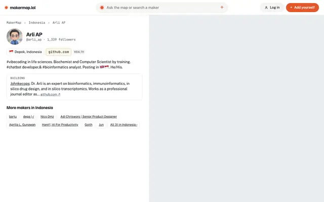 Screenshot of Arli AP (@arli_ap) · building Johnkecops · Depok, Indonesia · MakerMap