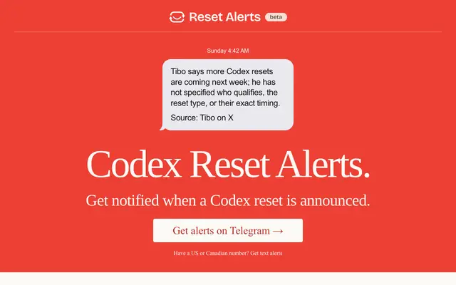 Screenshot of Reset Alerts — Codex reset alerts by text